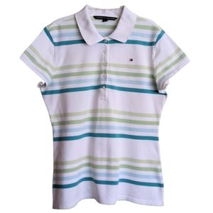 Tommy Hilfiger Polo Shirt White Aqua Size Large Preppy